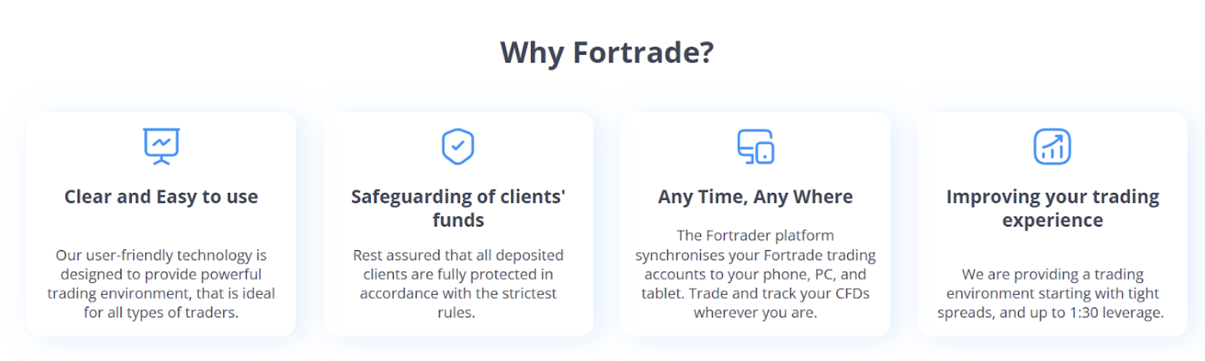 Why Fortrade section highlighting platform transparency, fund protection, and ease of access