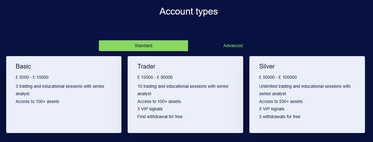 AURUM GROUP account tiers displayed on the pricing page, from entry level to advanced accounts